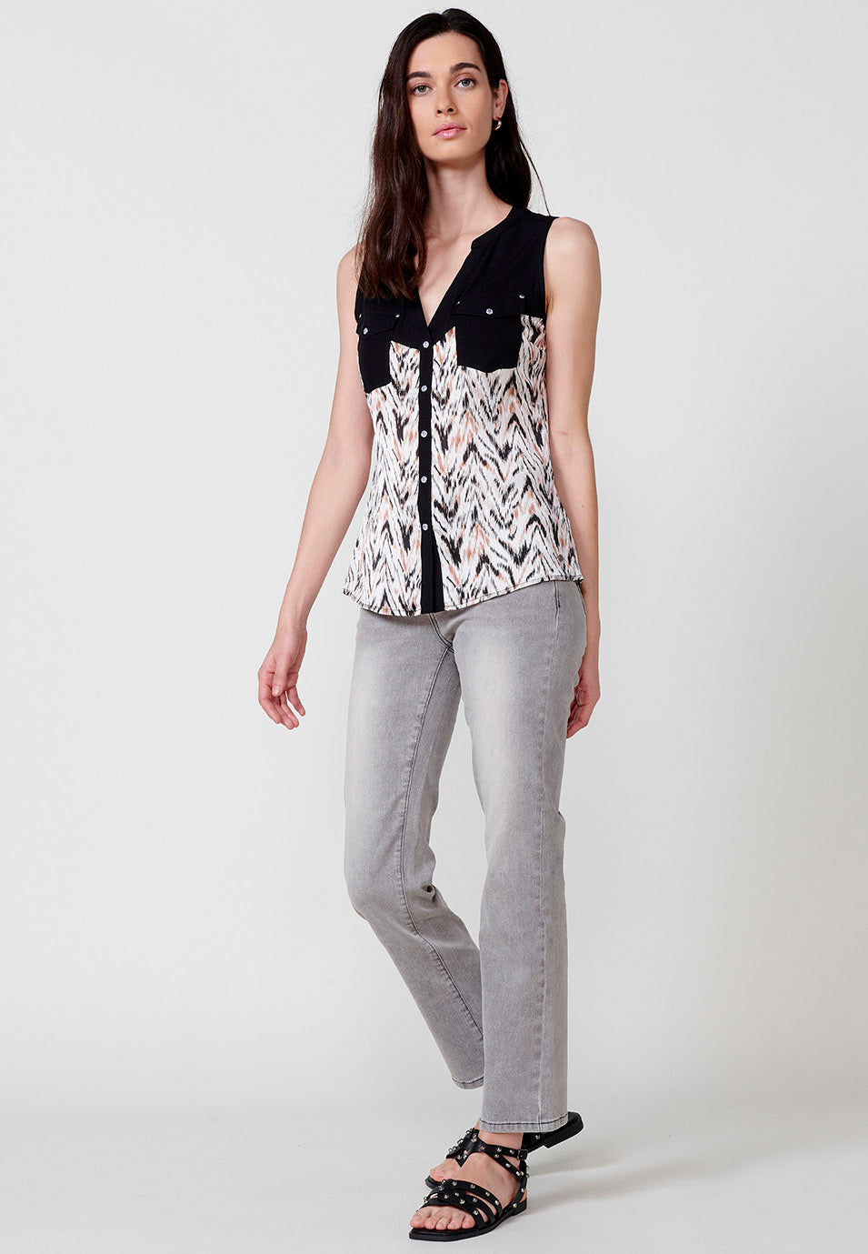 Brusa negra sense mànigues amb estampat floral per a dona - Koroshi 2512BL81
