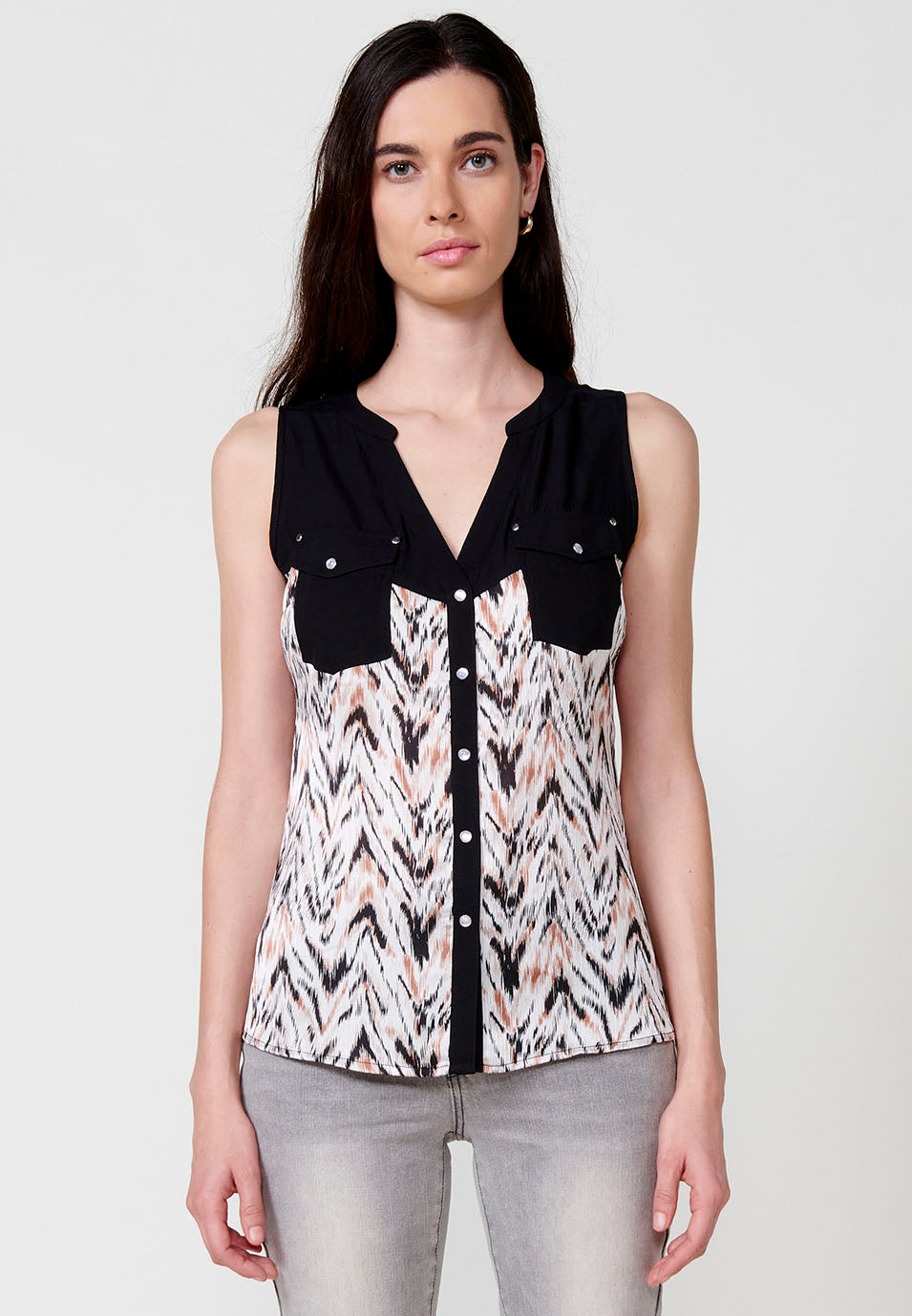 Brusa negra sense mànigues amb estampat floral per a dona - Koroshi 2512BL81