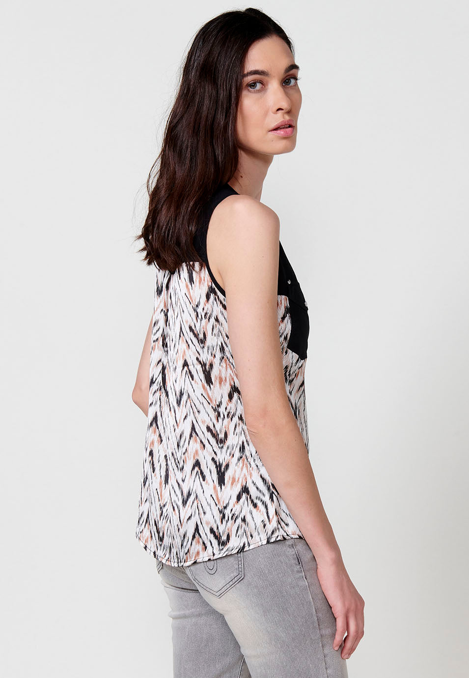 Brusa negra sense mànigues amb estampat floral per a dona - Koroshi 2512BL81