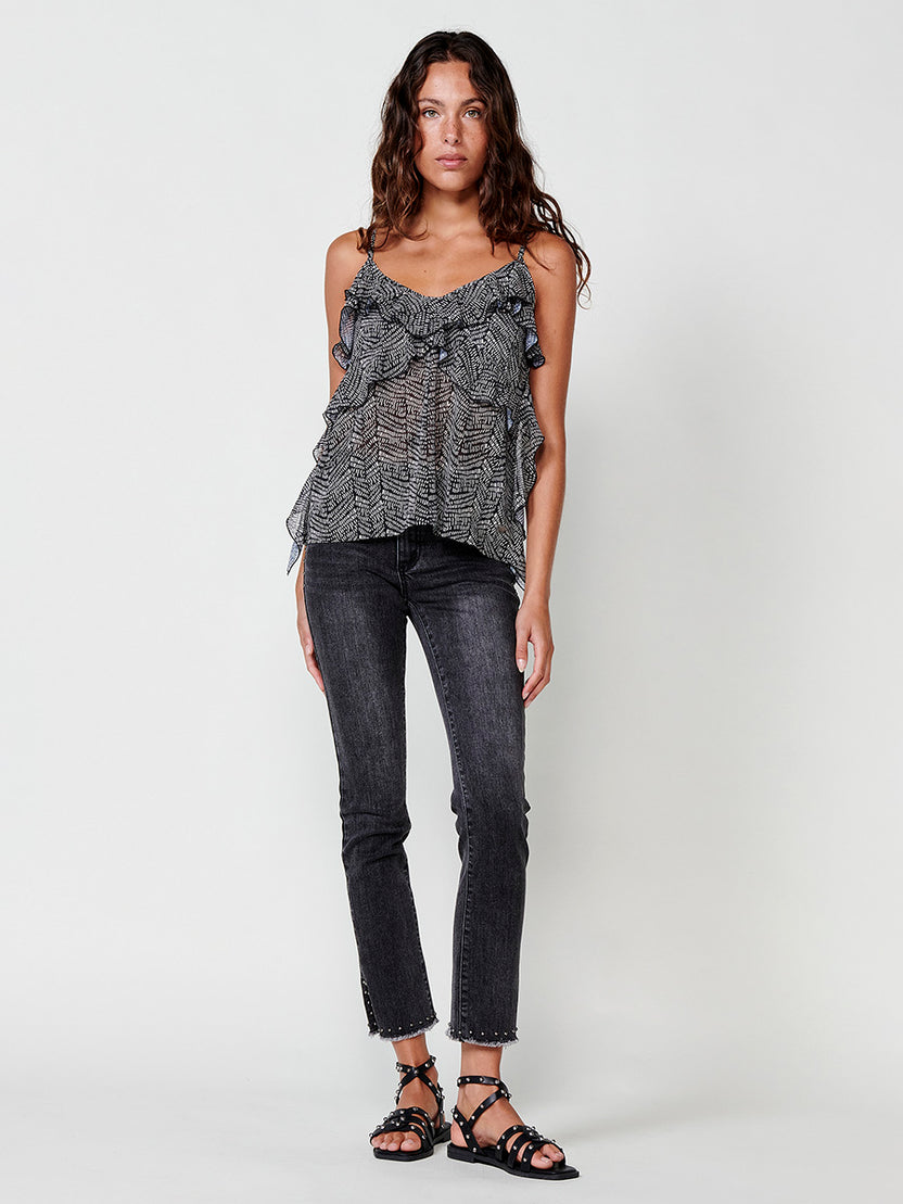 Blusa semitransparente tirantes volante mujer negro - Koroshi 2512BL87