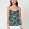 Satin blouse with V-neckline, adjustable straps and animal print with glitter detail in turquoise for women