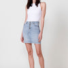 Short denim skirt with front closure with four buttons and glitter fabric for women
