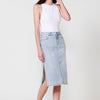 Long denim skirt with side slits and front zipper and button closure for Women