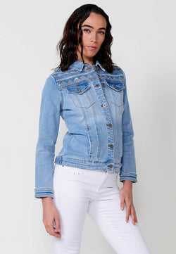 Giacca in denim ricamato da donna blu a maniche lunghe con collo a camicia - Koroshi 2512JA02