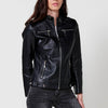 Women's Long Sleeve Faux Leather Jacket with Round Neck and Front Zipper Closure