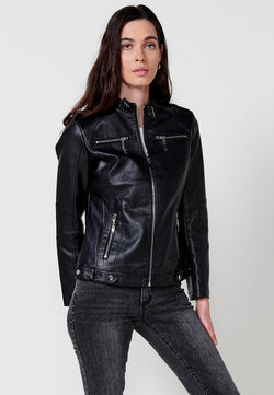 Blouson femme noir effet cuir biker manches longues avec fermeture éclair - Koroshi 2512JA10