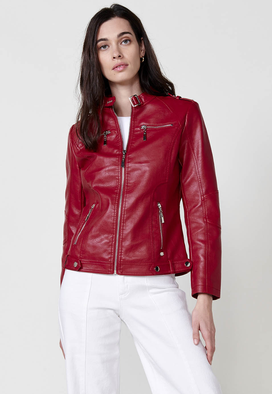 Chaqueta efecto piel motera con cremallera manga larga mujer roja - Koroshi 2512JA10