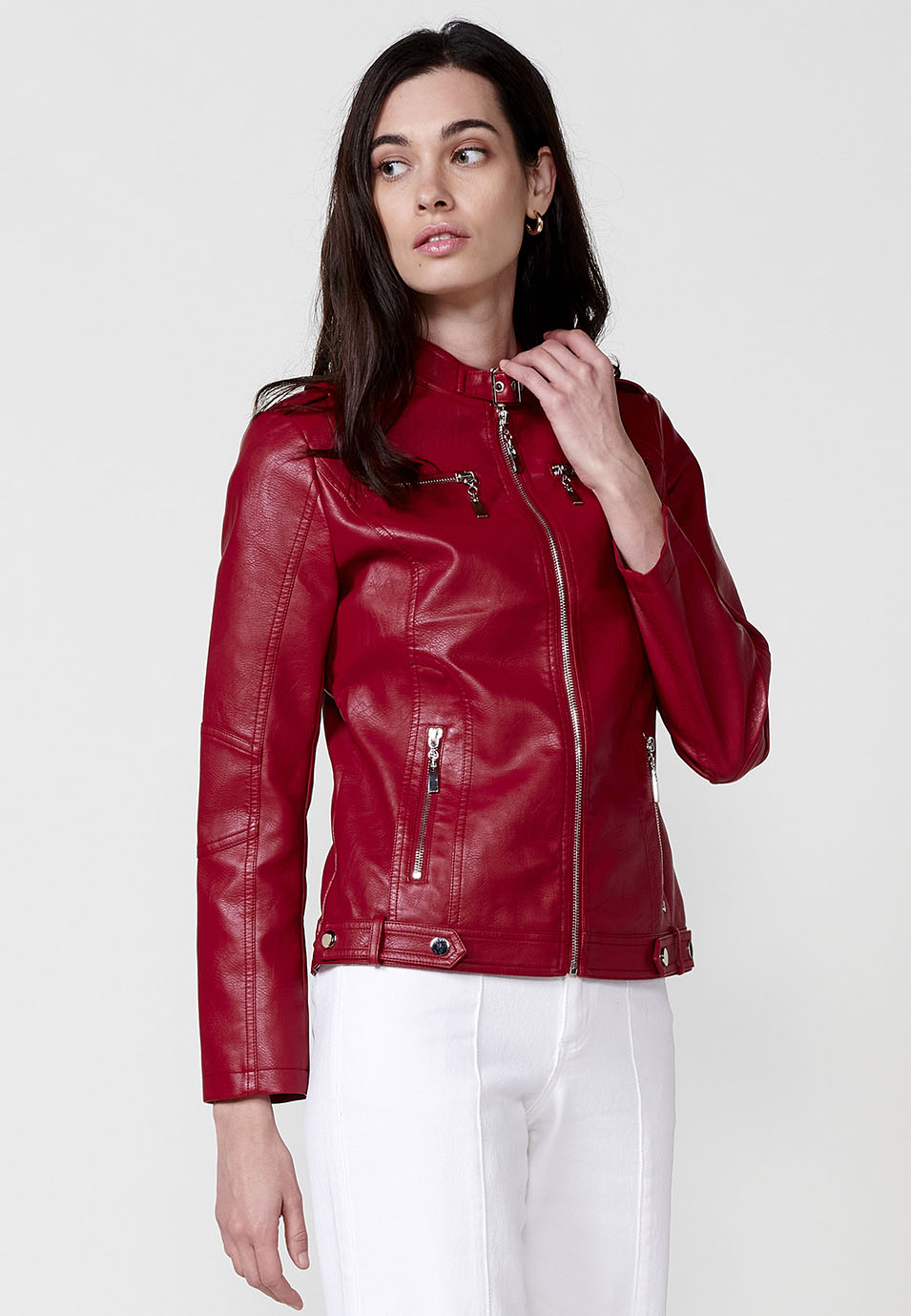 Chaqueta efecto piel motera con cremallera manga larga mujer roja - Koroshi 2512JA10