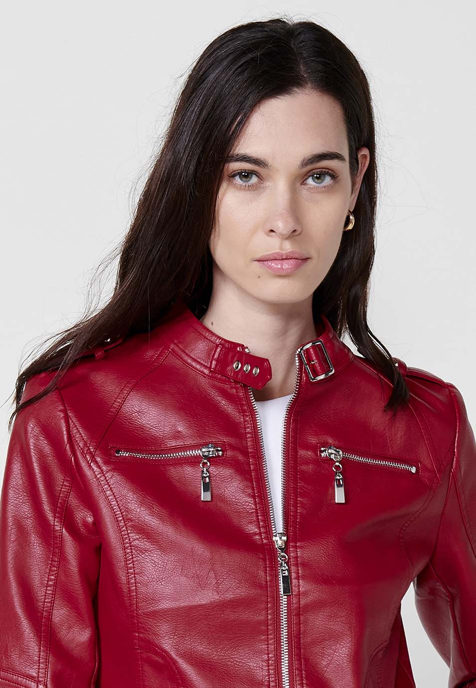 Chaqueta efecto piel motera con cremallera manga larga mujer roja - Koroshi 2512JA10