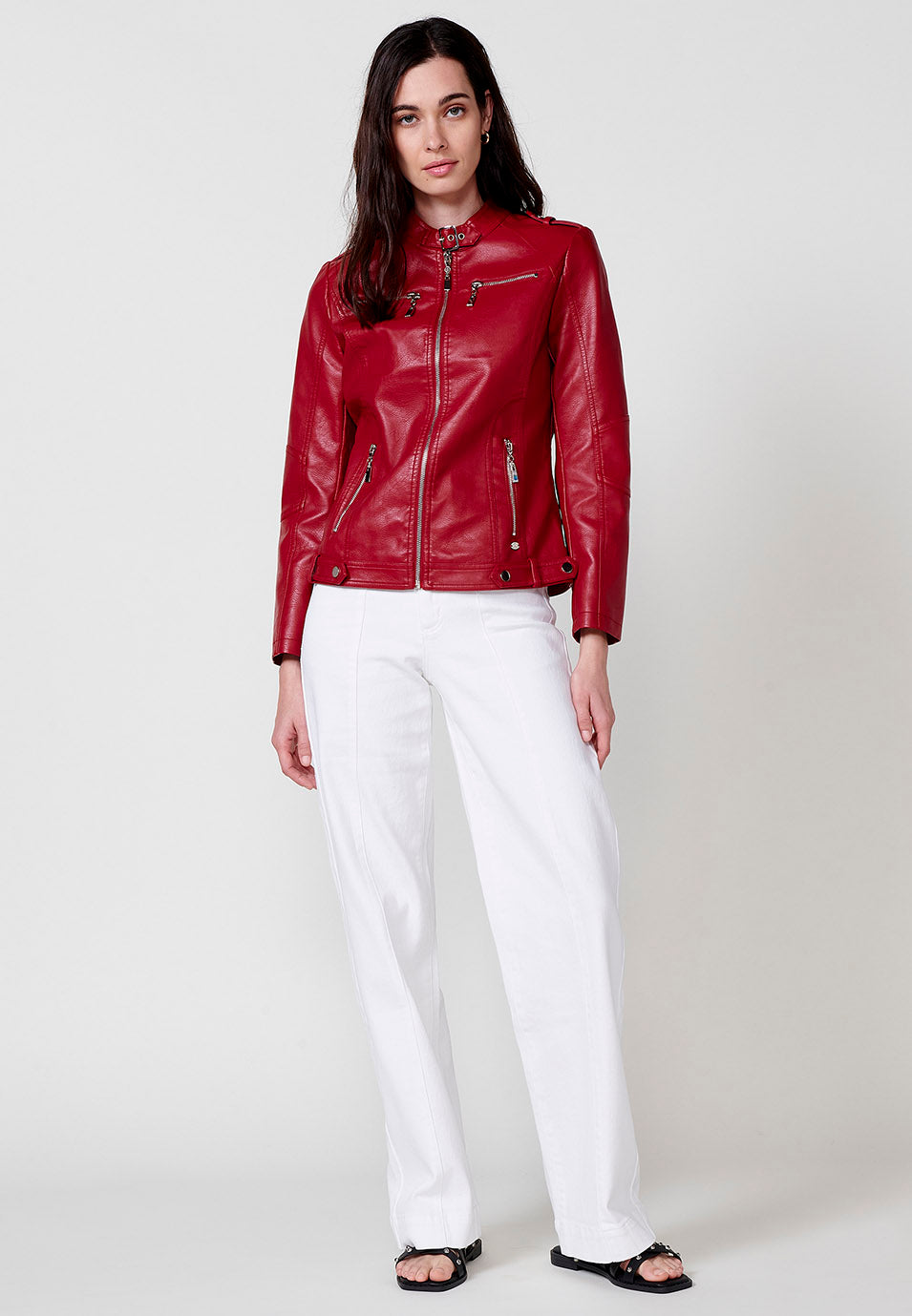 Chaqueta efecto piel motera con cremallera manga larga mujer roja - Koroshi 2512JA10