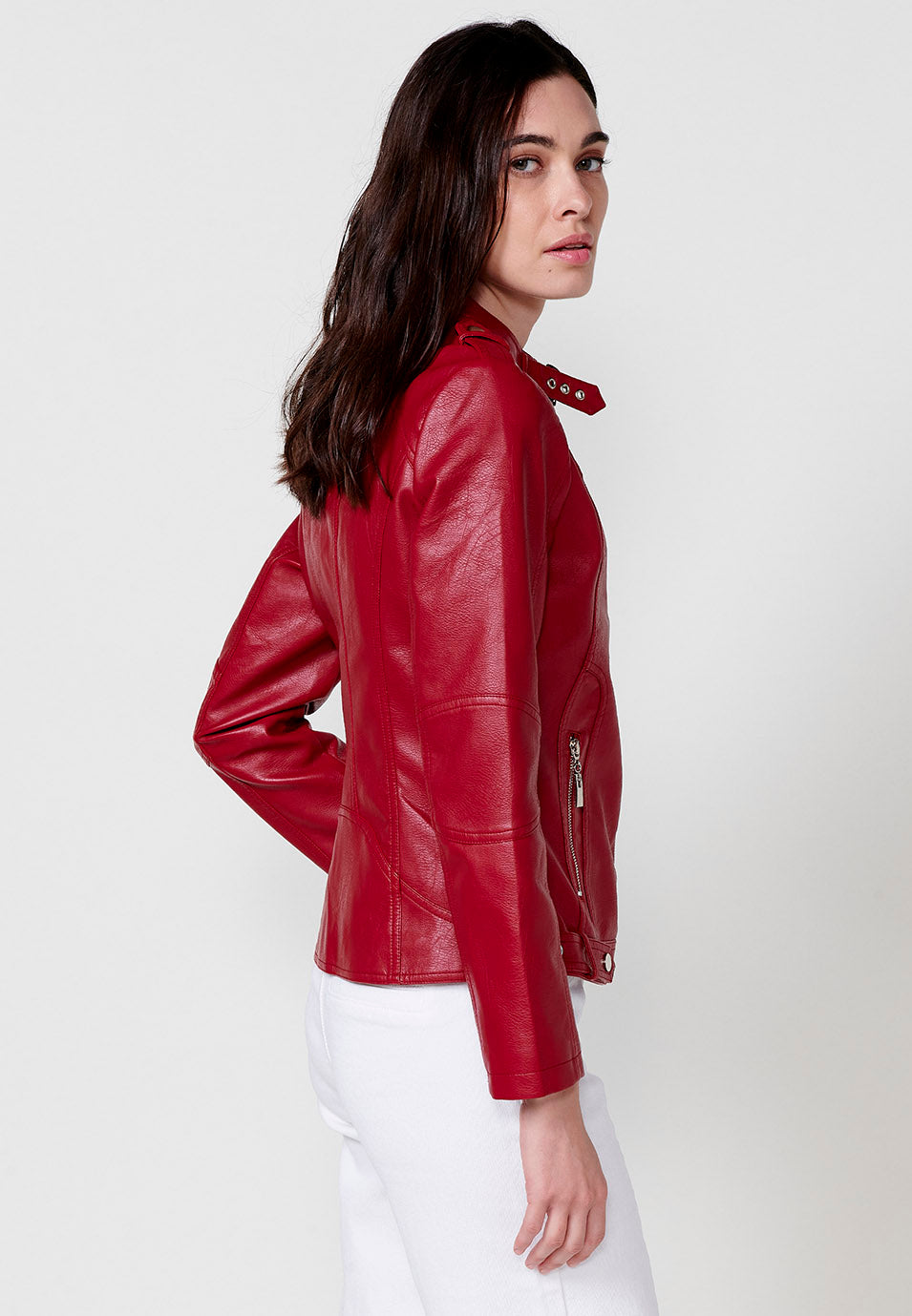 Chaqueta efecto piel motera con cremallera manga larga mujer roja - Koroshi 2512JA10