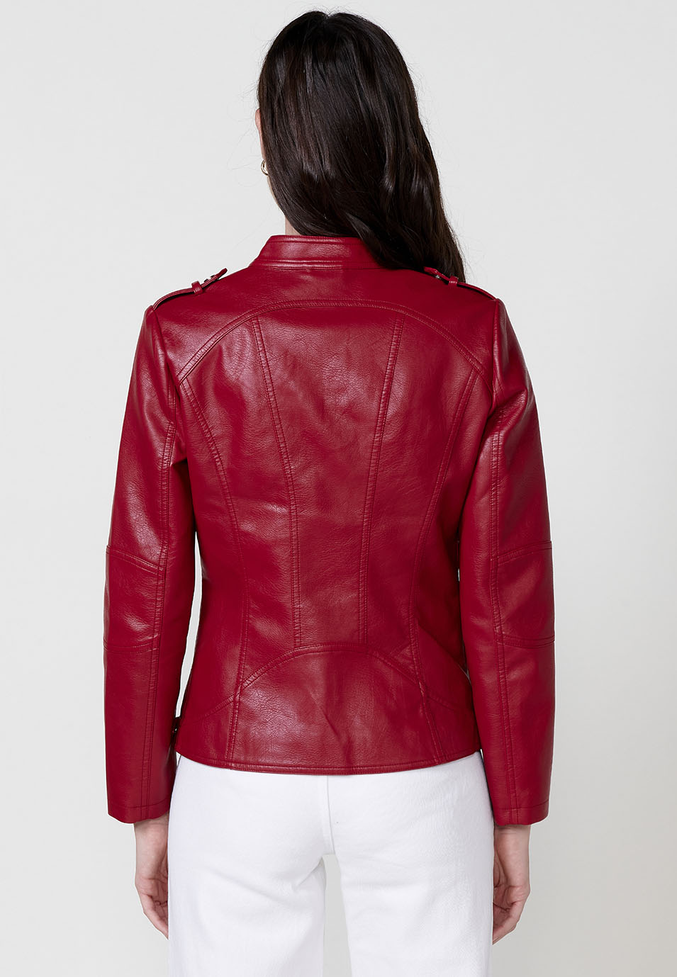 Chaqueta efecto piel motera con cremallera manga larga mujer roja - Koroshi 2512JA10
