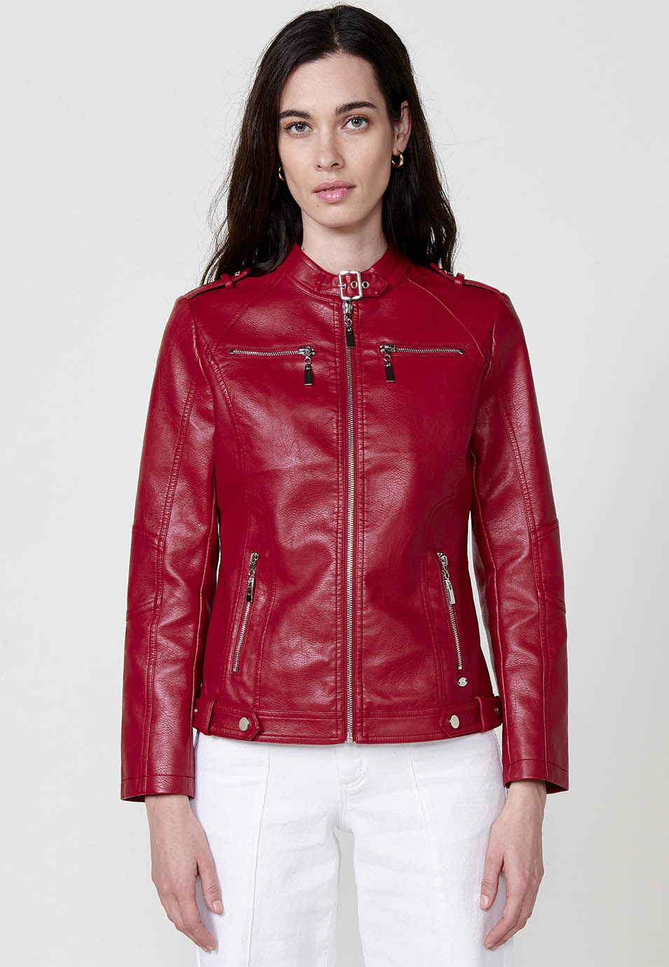 Chaqueta efecto piel motera con cremallera manga larga mujer roja - Koroshi 2512JA10