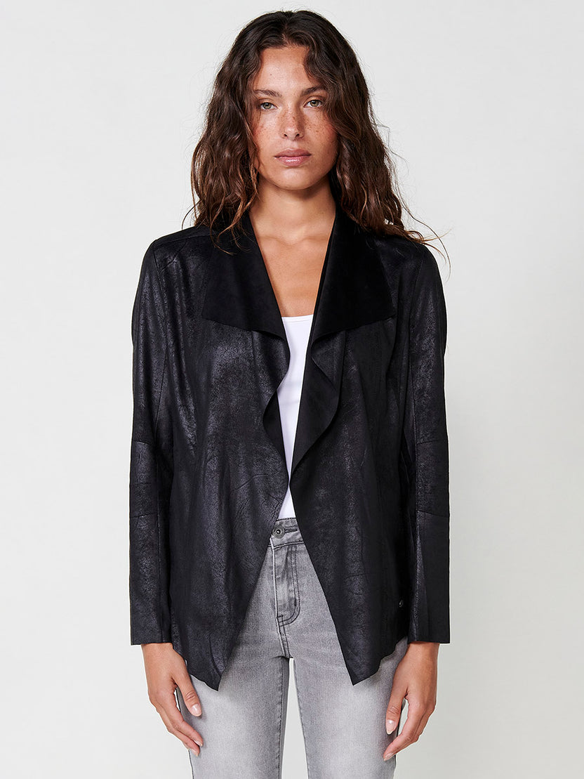 Worn leather effect open jacket with draped lapels long sleeve black woman - Koroshi 2512JA16