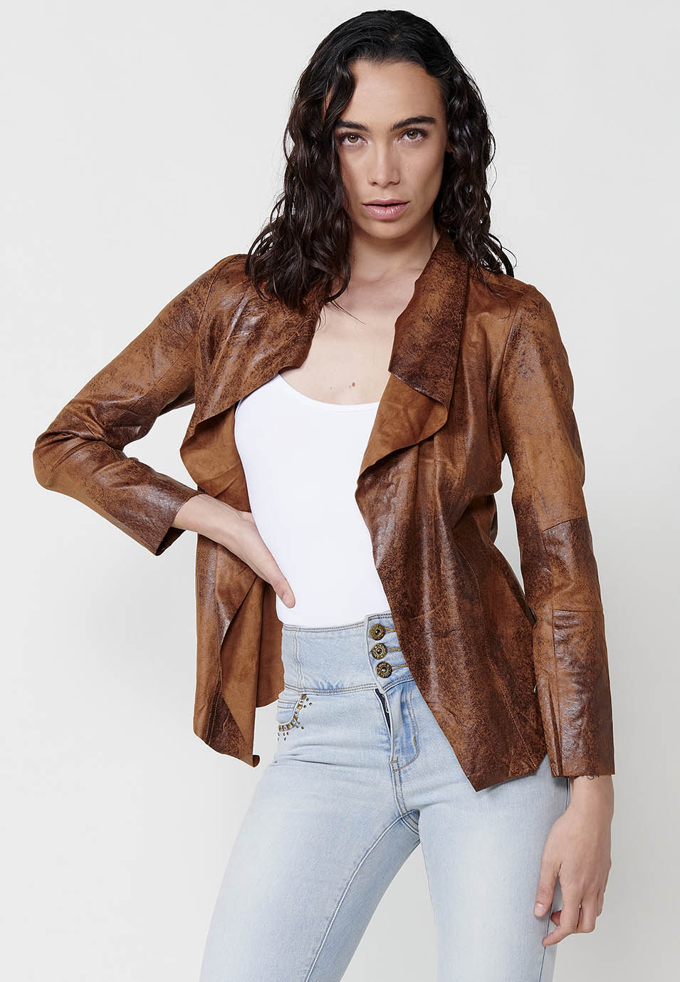 Worn leather effect open jacket with draped lapels long sleeve brown woman - Koroshi 2512JA16