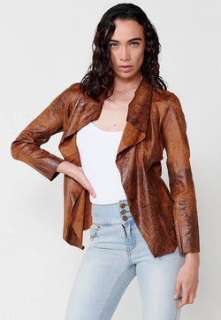 Worn leather effect open jacket with draped lapels long sleeve brown woman - Koroshi 2512JA16