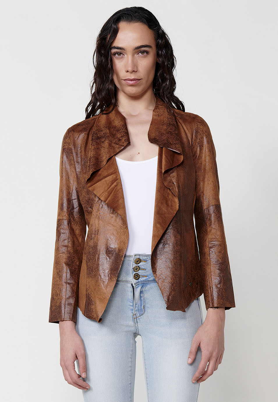 Worn leather effect open jacket with draped lapels long sleeve brown woman - Koroshi 2512JA16