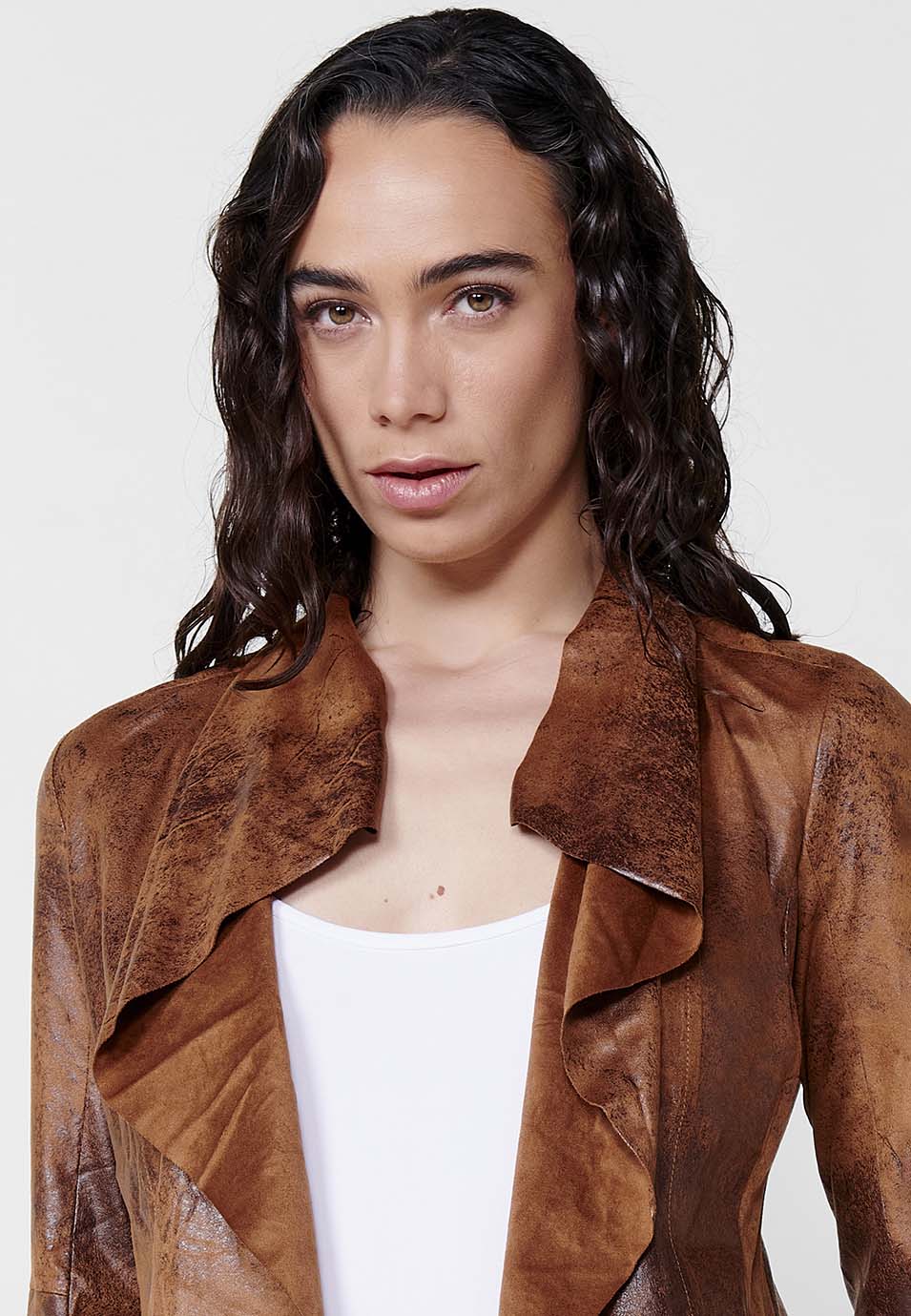Worn leather effect open jacket with draped lapels long sleeve brown woman - Koroshi 2512JA16
