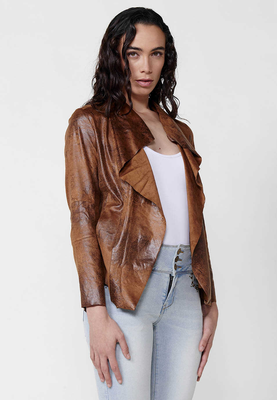 Worn leather effect open jacket with draped lapels long sleeve brown woman - Koroshi 2512JA16