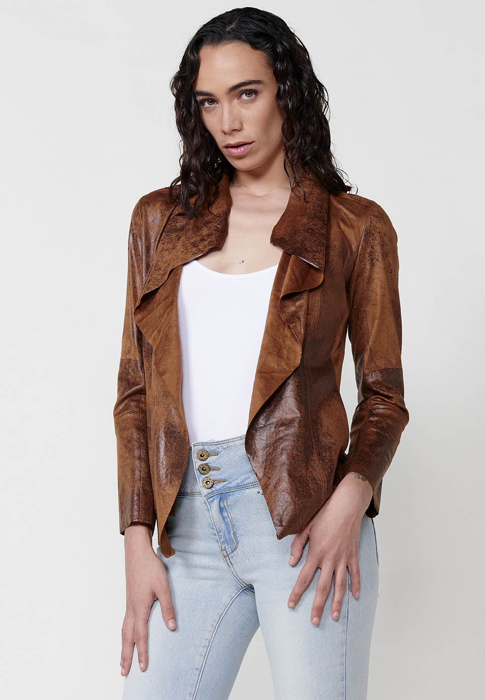 Worn leather effect open jacket with draped lapels long sleeve brown woman - Koroshi 2512JA16