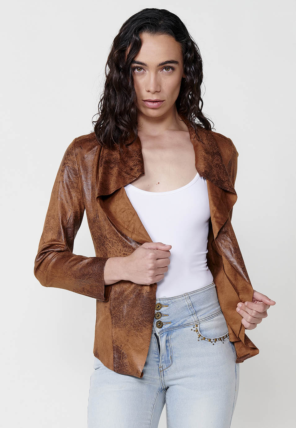 Worn leather effect open jacket with draped lapels long sleeve brown woman - Koroshi 2512JA16