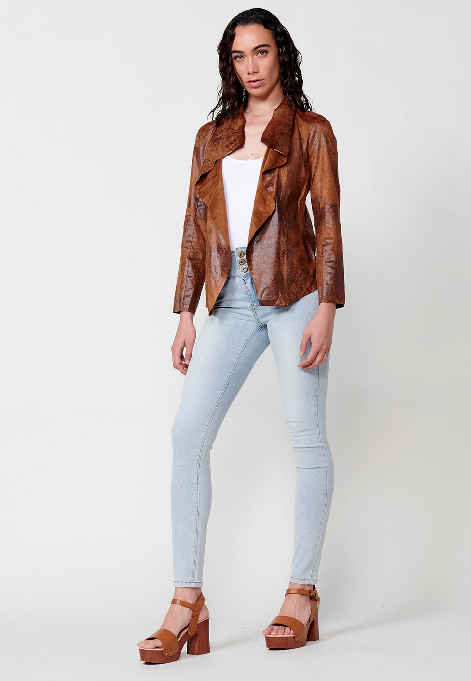 Worn leather effect open jacket with draped lapels long sleeve brown woman - Koroshi 2512JA16