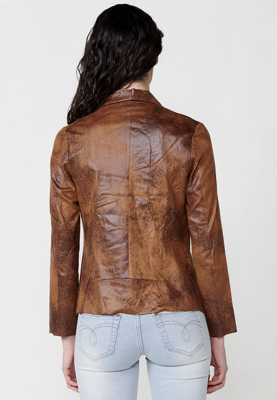 Worn leather effect open jacket with draped lapels long sleeve brown woman - Koroshi 2512JA16