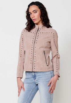 Giubbotto effetto pelle con collo alla coreana con borchie manica lunga donna beige - Koroshi 2512JA17
