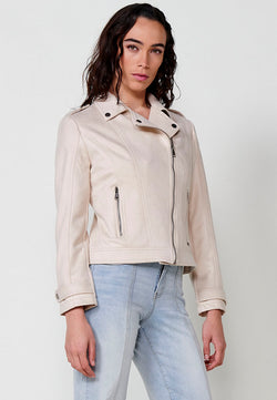 Zweireihige Bikerjacke in Wildlederoptik mit Reißverschluss und langen Ärmeln in Beige für Damen – Koroshi 2512JA24