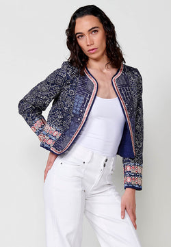 Doudoune ouverte imprimé bandana manches longues femme bleu marine - Koroshi 2512JA25
