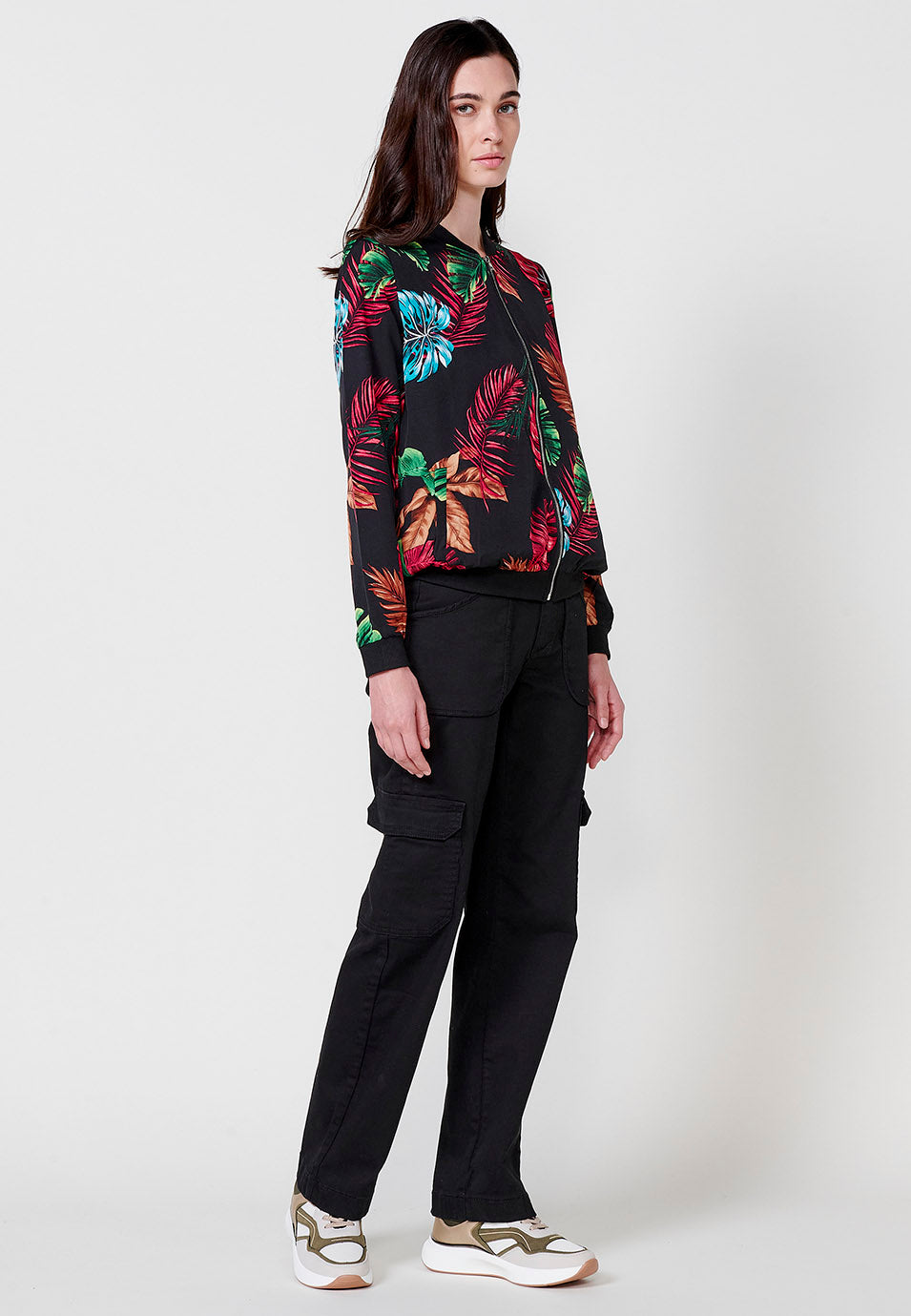 Bomber sottile con collo in costina, manica lunga, donna nera - Koroshi 2512JA70