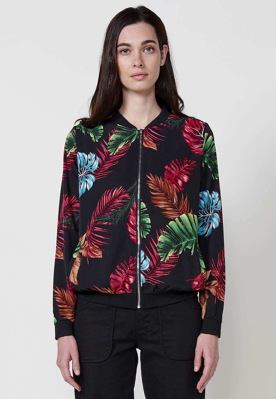 Bomber sottile con collo in costina, manica lunga, donna nera - Koroshi 2512JA70