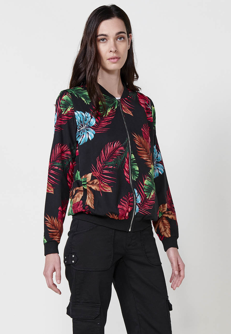Bomber sottile con collo in costina, manica lunga, donna nera - Koroshi 2512JA70