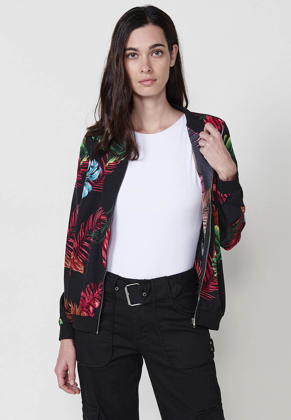 Bomber sottile con collo in costina, manica lunga, donna nera - Koroshi 2512JA70