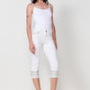 Stretch push-up capri jeans, mid-rise and five pockets, with zipper closure and metal button and frayed hem with border embroidery combined with glitter for women