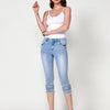 Stretch Capri Jeans with Embroidered Border and Frayed Hem in Medium Blue for Women