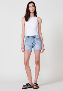 Shorts in denim push up da donna azzurri con glitter e fondo sfrangiato - Koroshi 2512PS53