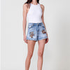 Short jeans with animal print fabric patches on the front for Women