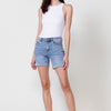 Push-up mid-rise stretch short jeans with five pockets, zipper closure and metal button, double-turned hem and shiny logo for women in light