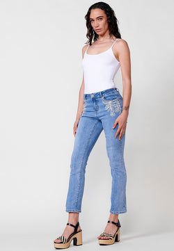 Straight push-up denim pants with front detail for women in blue - Koroshi 2512PT03