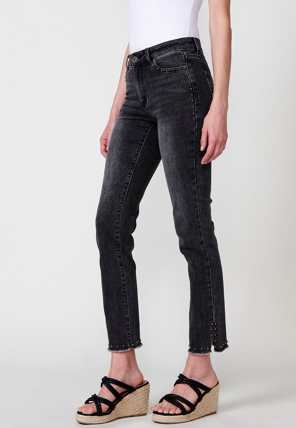 Women's black straight denim pants with studs | koroshi – Koröshi