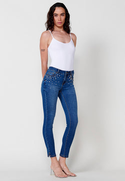 Jean droit push-up avec perles pour femme en bleu foncé - Koroshi 2512PT07