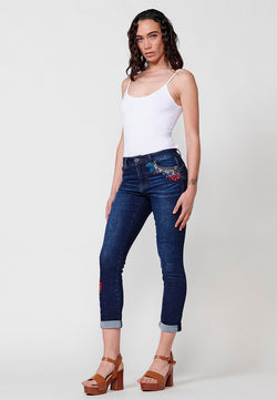 Pantalon slim push-up en jean avec ourlet retroussé et broderie florale pour femme, bleu foncé - Koroshi 2512PT09