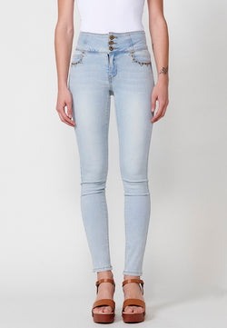 Hellblaue Push-up-Röhrenjeans für Damen mit hoher Taille und Nieten – Koroshi 2512PT61