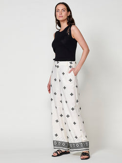 Pantalon large femme écru en viscose et lin avec broderie ethnique - Koroshi 2512PT92