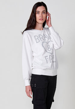 Langärmliges Plüsch-Sweatshirt für Damen in Ecru mit Foliendruck – Koroshi 2512SU13