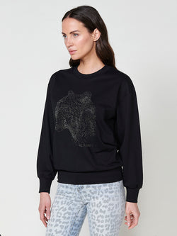 Plush sweatshirt with glitter embroidered tiger long sleeve black woman - Koroshi 2512SU14