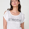 Slightly transparent short-sleeved T-shirt with a round neckline, shoulder openings and front detail with glitter Koröshi logo for Women