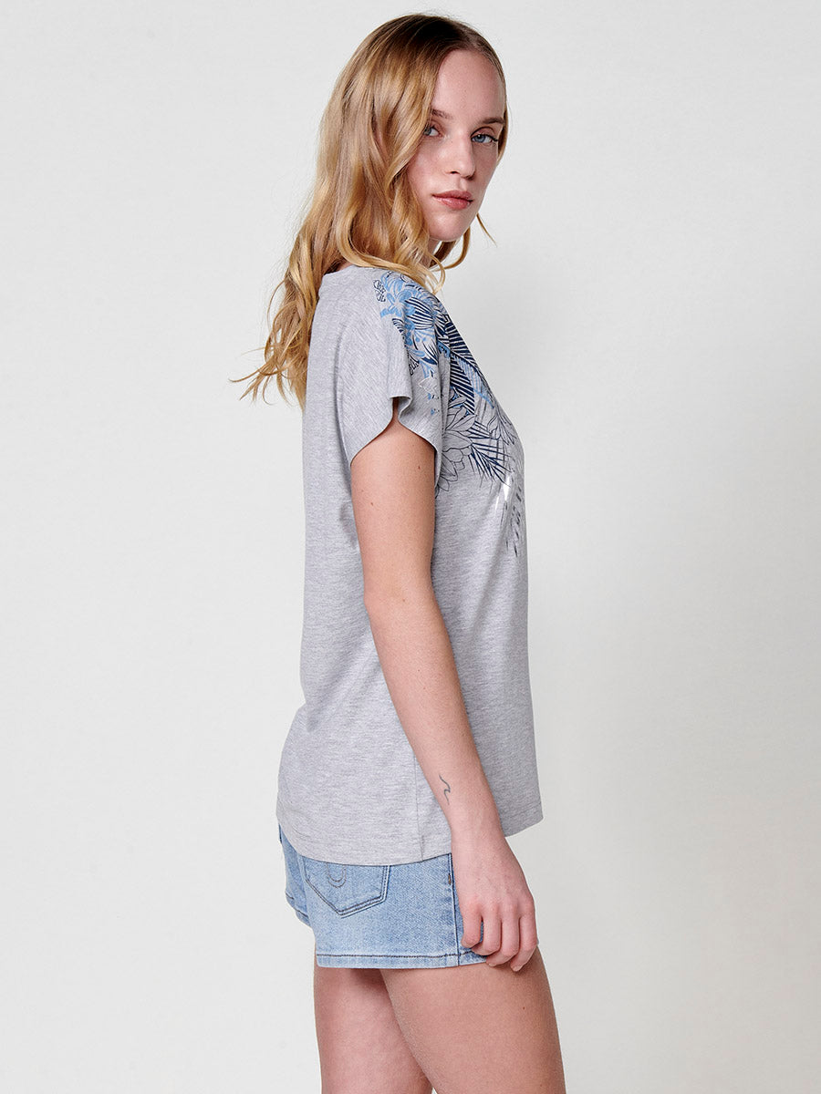 Camiseta manga corta floral foil mujer gris claro - Koroshi 2512TP06