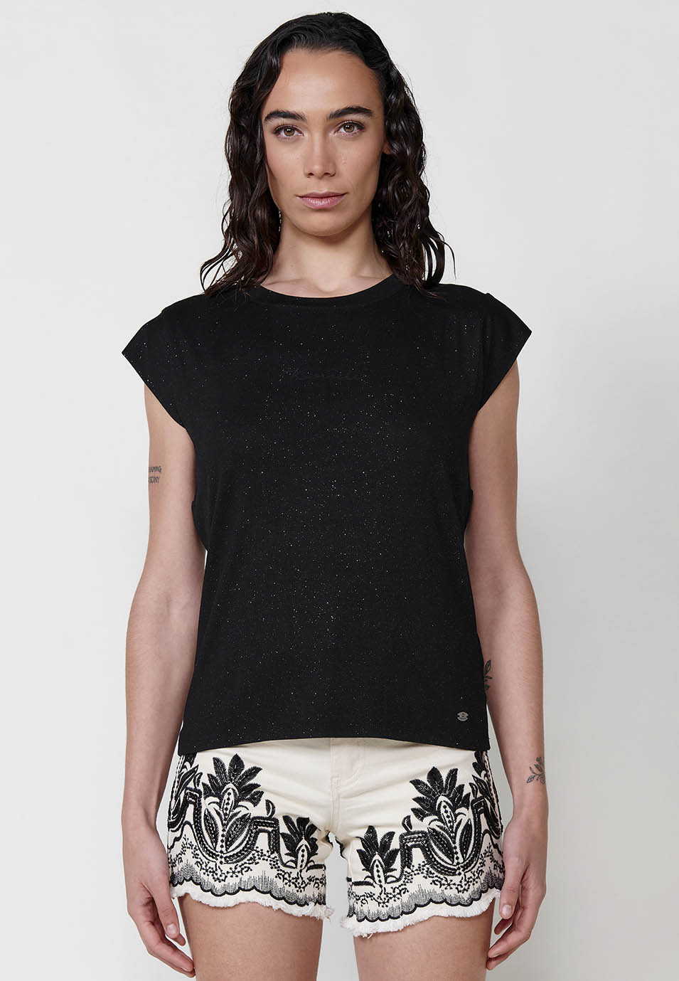 Camiseta brillos manga corta mujer negro - Koroshi 2512TP11